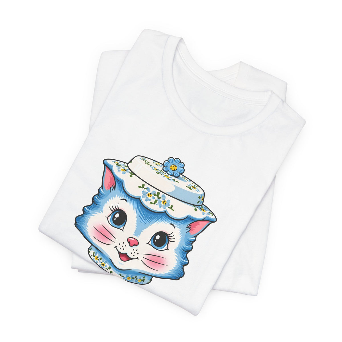 Mid Century Modern Kitschy Anthropomorphic Blue Cat with Floral Hat Unisex T-Shirt