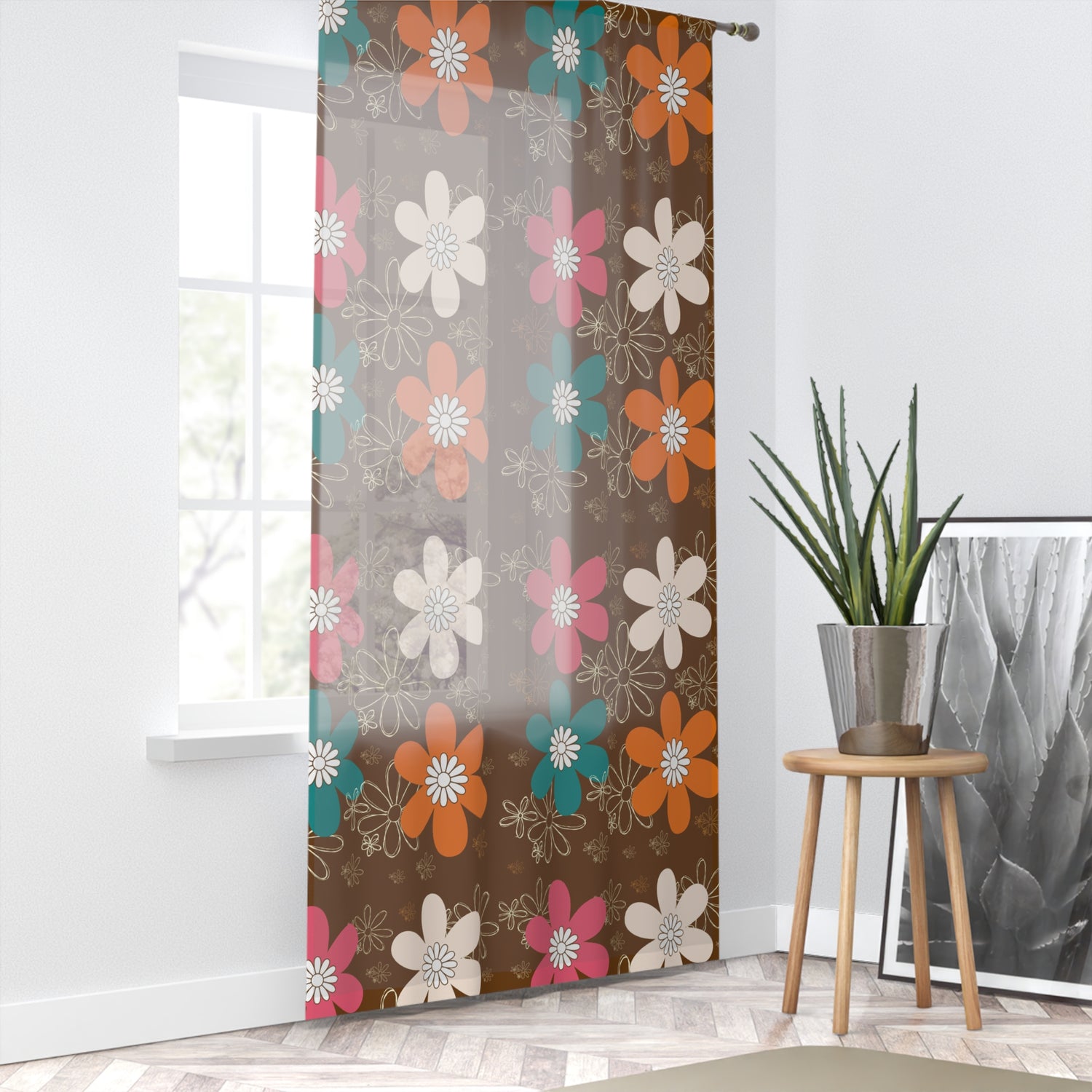 Flower Power Hippies 70s Groovy Retro Floral Window Sheer Curtain - Mid Century Modern Gal