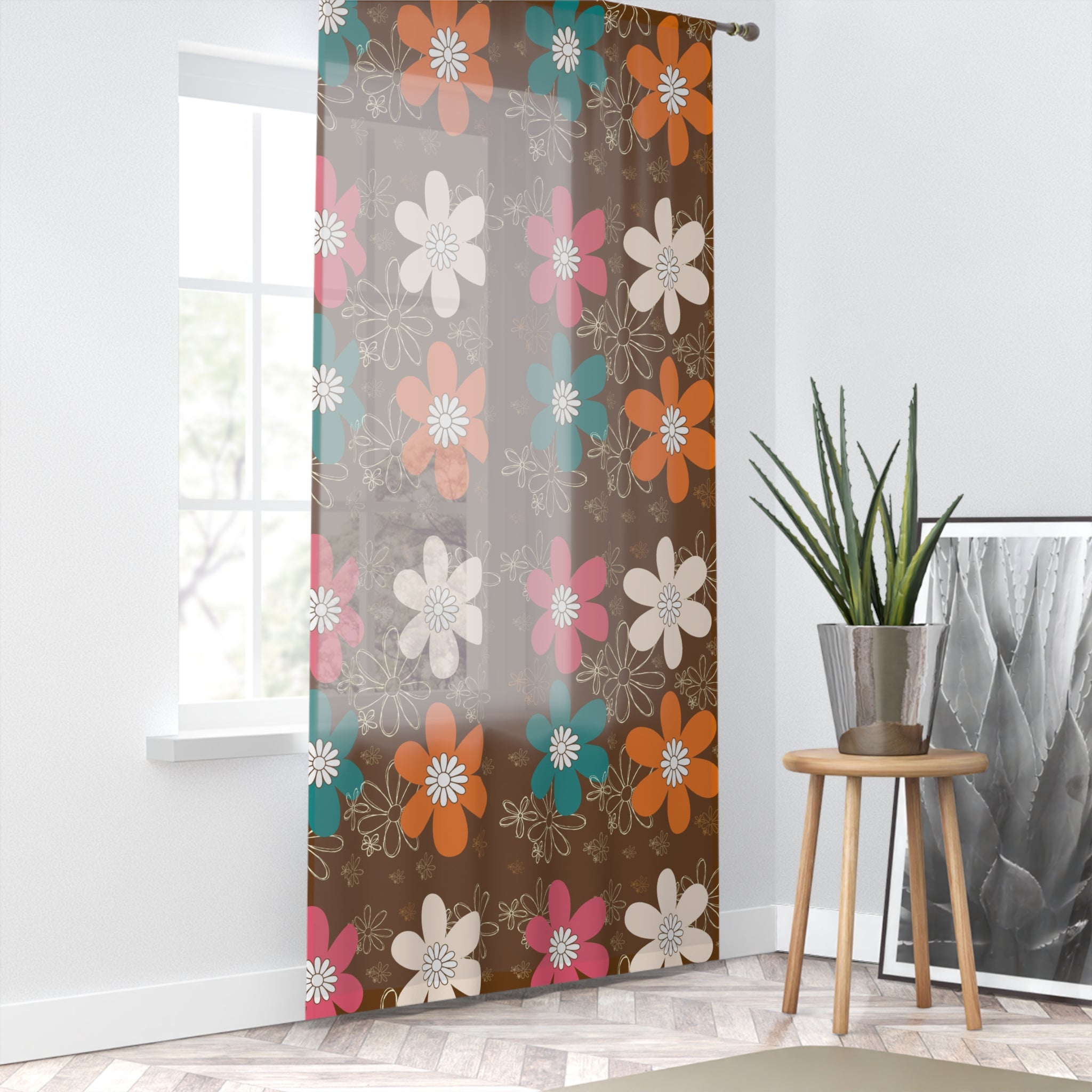 Flower Power Hippies 70s Groovy Retro Floral Window Sheer Curtain - Mid Century Modern Gal
