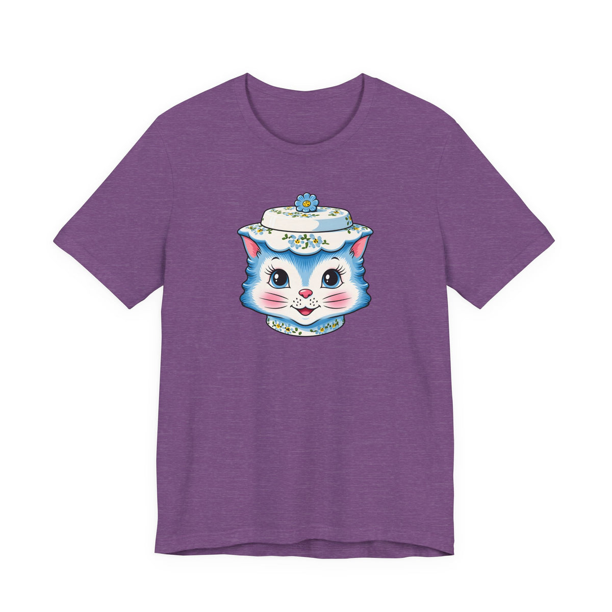 Mid Century Modern Kitschy Anthropomorphic Blue Cat with Floral Hat Unisex T-Shirt