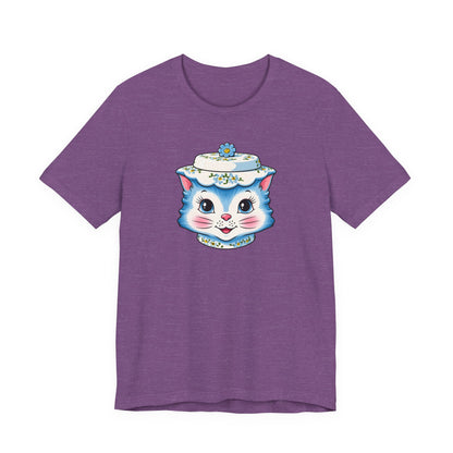 Mid Century Modern Kitschy Anthropomorphic Blue Cat with Floral Hat Unisex T-Shirt