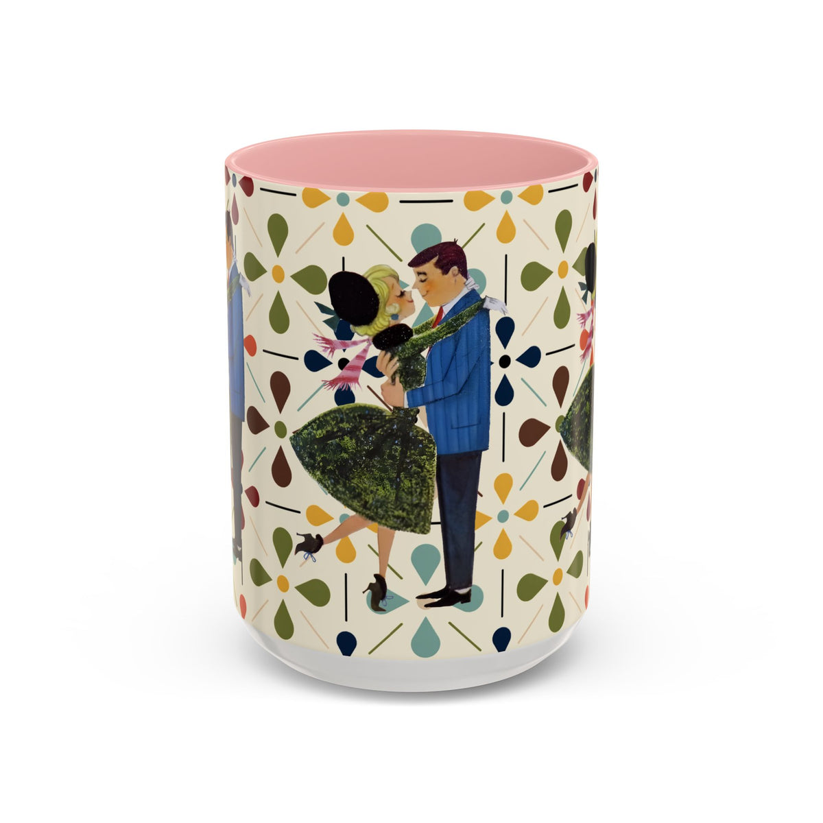 Mid Century Modern 50s Christmas mug featuring a kitschy flower design with a dancing couple on a colorful background.