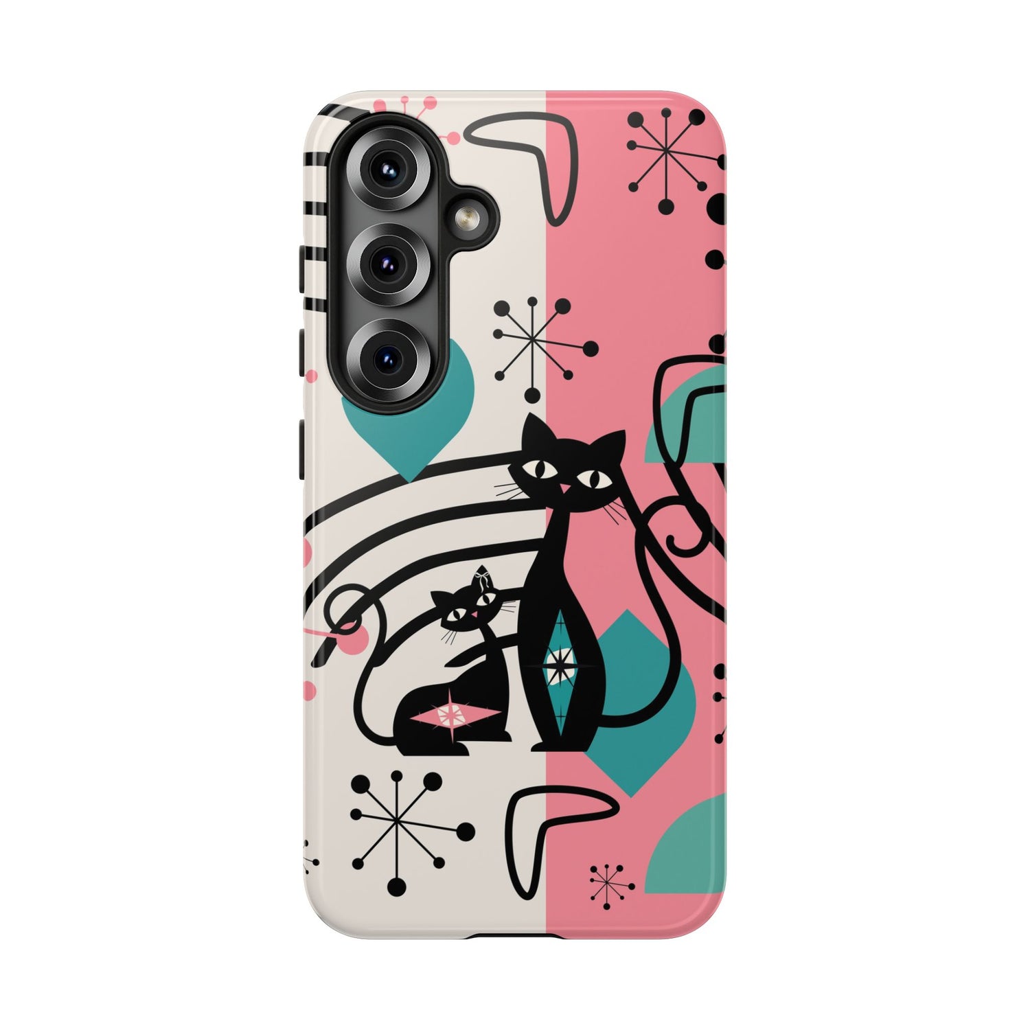 Mid Mod Atomic Cat Boomerang Starburst, Pink, Black Kitschy Stylish Cat Phone Case: Modern Design for Cat Lovers
