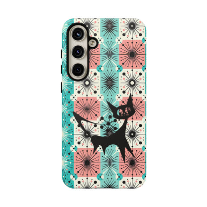 Atomic Kitschy Cat, Mid Century Modern Pink, Aqua Starbursts Tough Phone Case