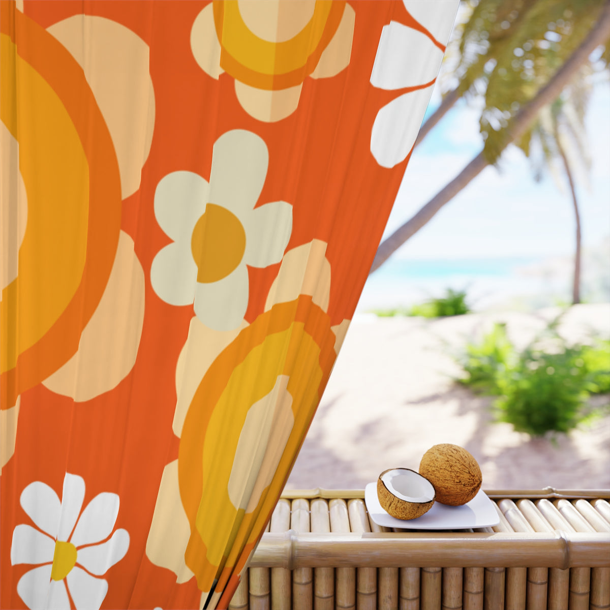 60s Vibes Flower Power Retro Window Curtain, Orange, Yellow, Mod Daisy Hippie Chick Decor - Mid Century Modern Gal