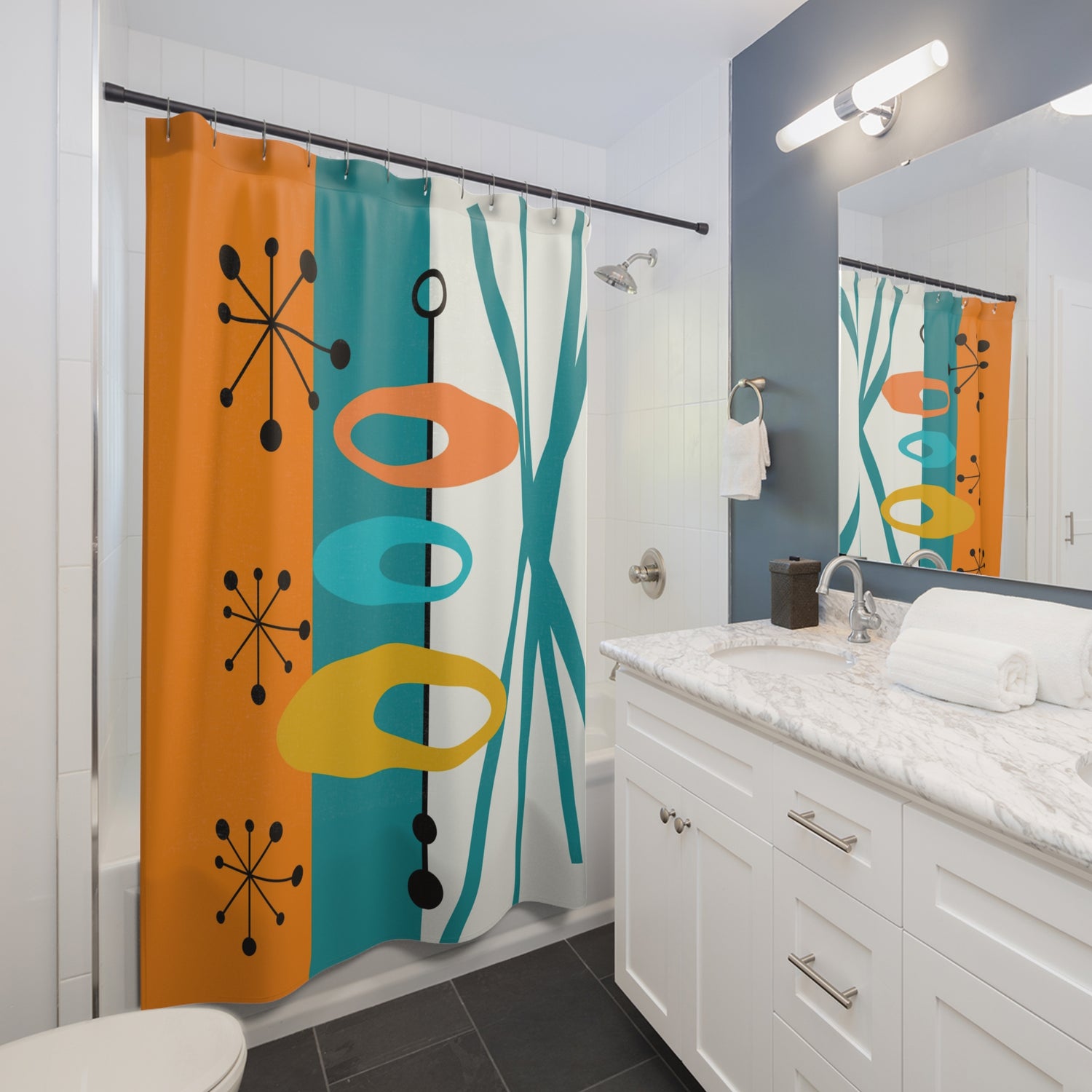 Mid Century Modern Geometric Shower Curtain - Turquoise Teal Orange Gray Abstract With Black Cat
