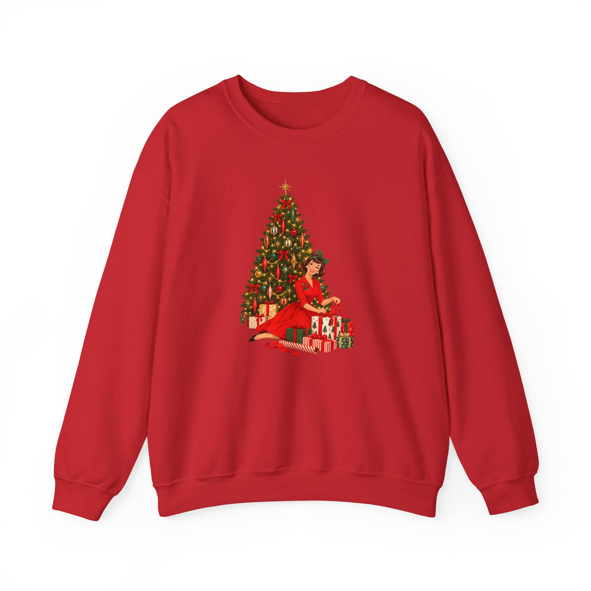 Mid Century Modern Christmas Glamour Gal Wrapping Presents by Tree Unisex Heavy Blend™ Crewneck Sweatshirt - Mid Century Modern Gal