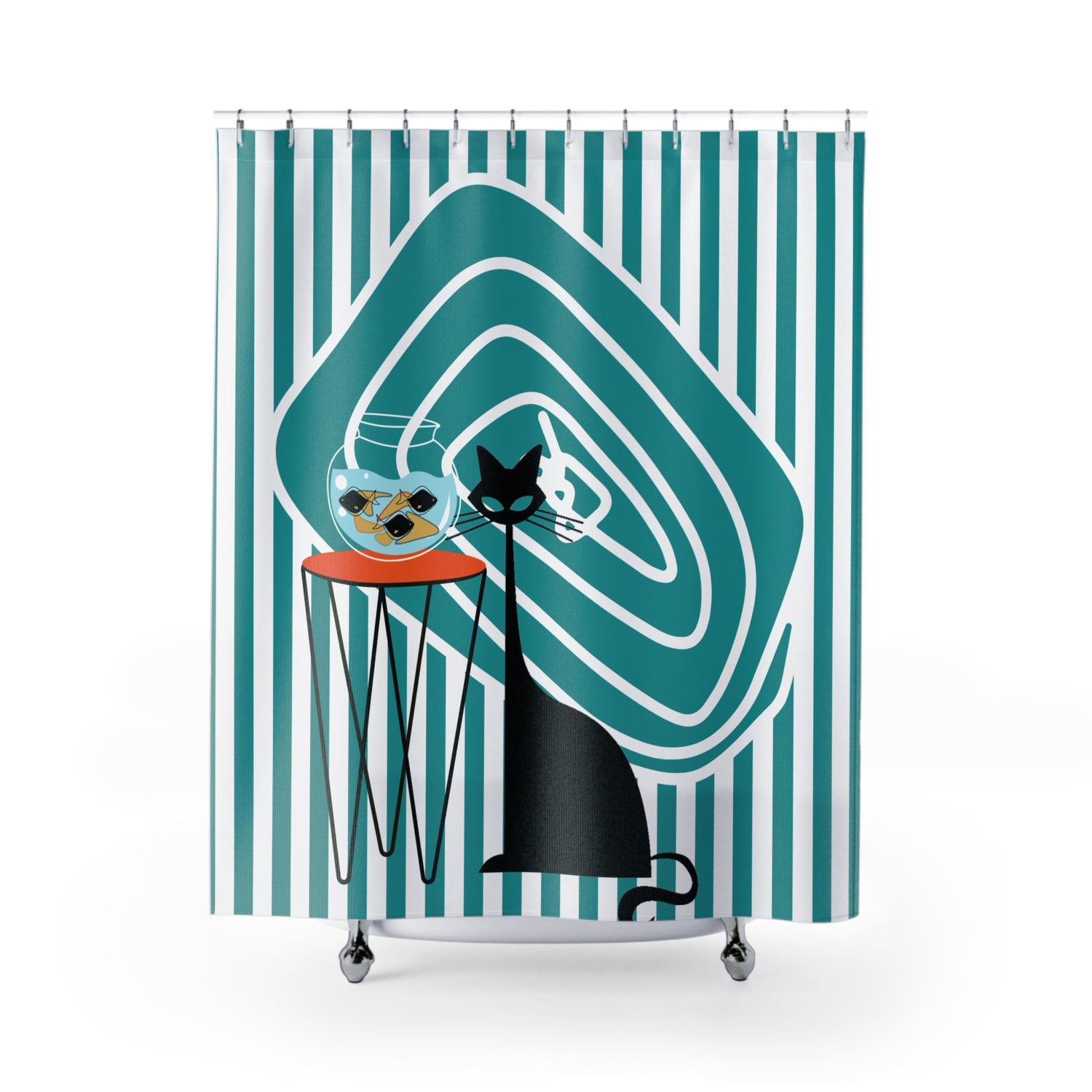 Atomic Cat Mid Century Modern Fish Art Modern Cat Shower Curtain – Vintage Aqua Stripes &amp; Whimsical Design - Mid Century Modern Gal