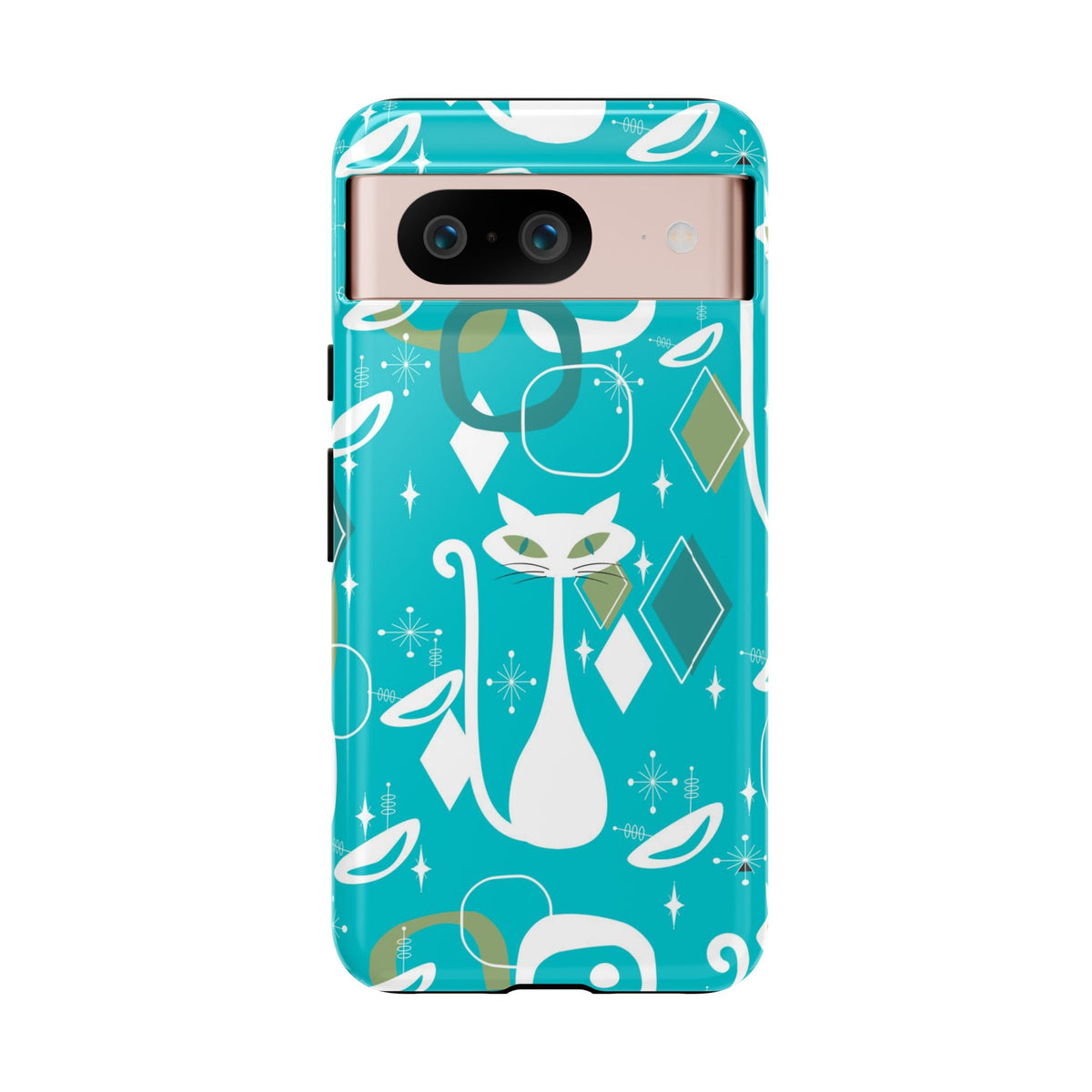 Atomic Cat Space Designs, Mid Century Modern, Aqua, White Kitschy Cat Tough Phone Case