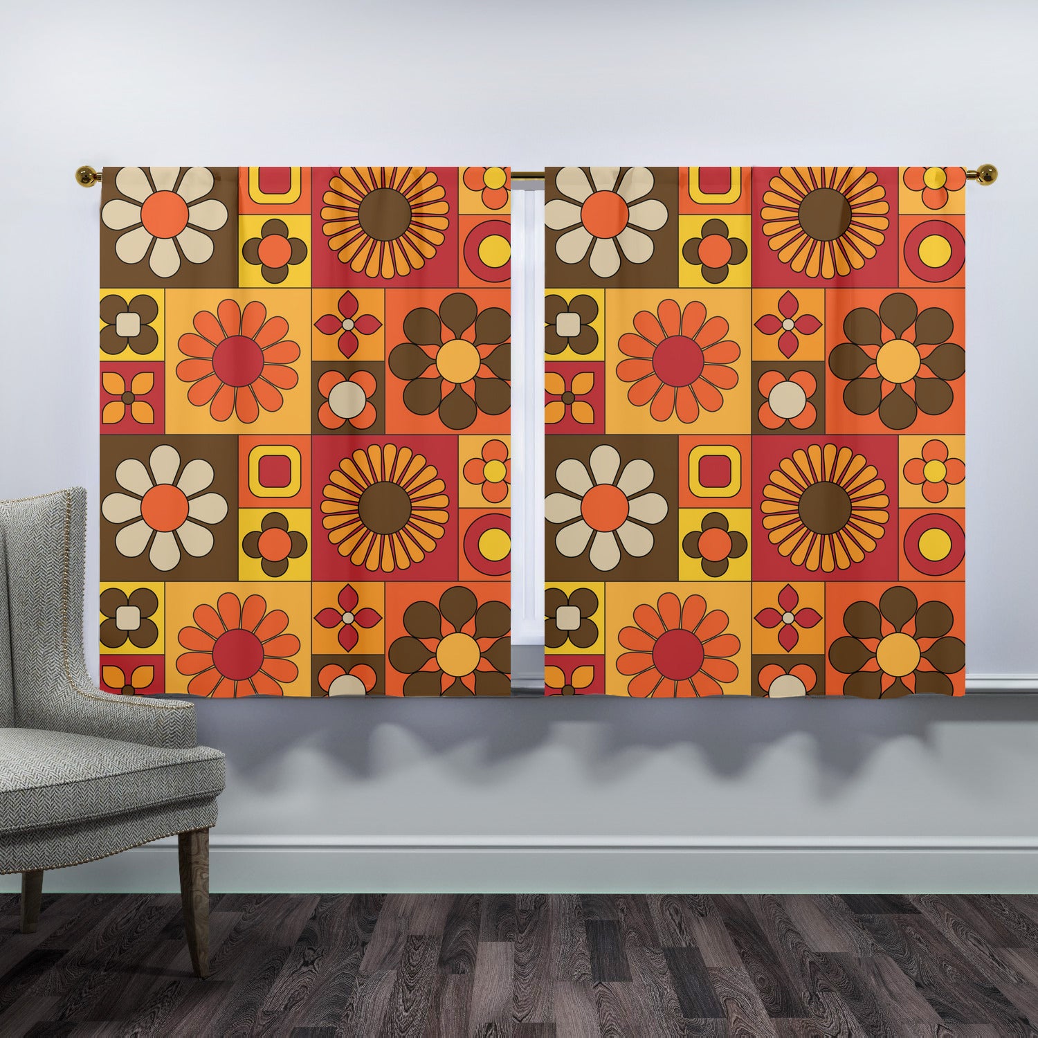 70s Flower Power Retro Orange Brown Yellow Mid Mod Window Curtains (two panels) - Mid Century Modern Gal