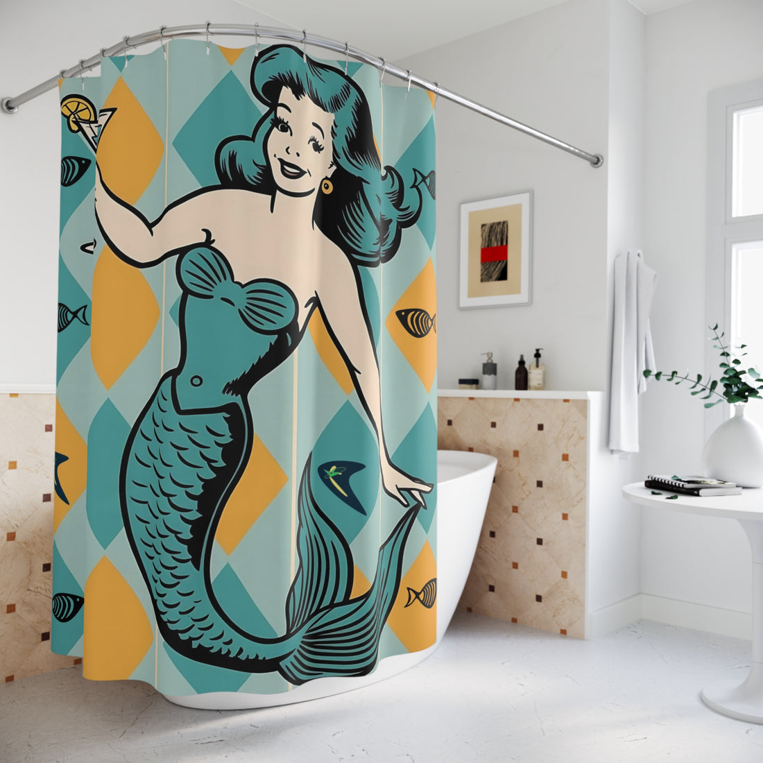 Retro Mermaid Kitschy Mod Shower Curtain - Vintage Art Decor for Nautical Bathrooms - Mid Century Modern Gal