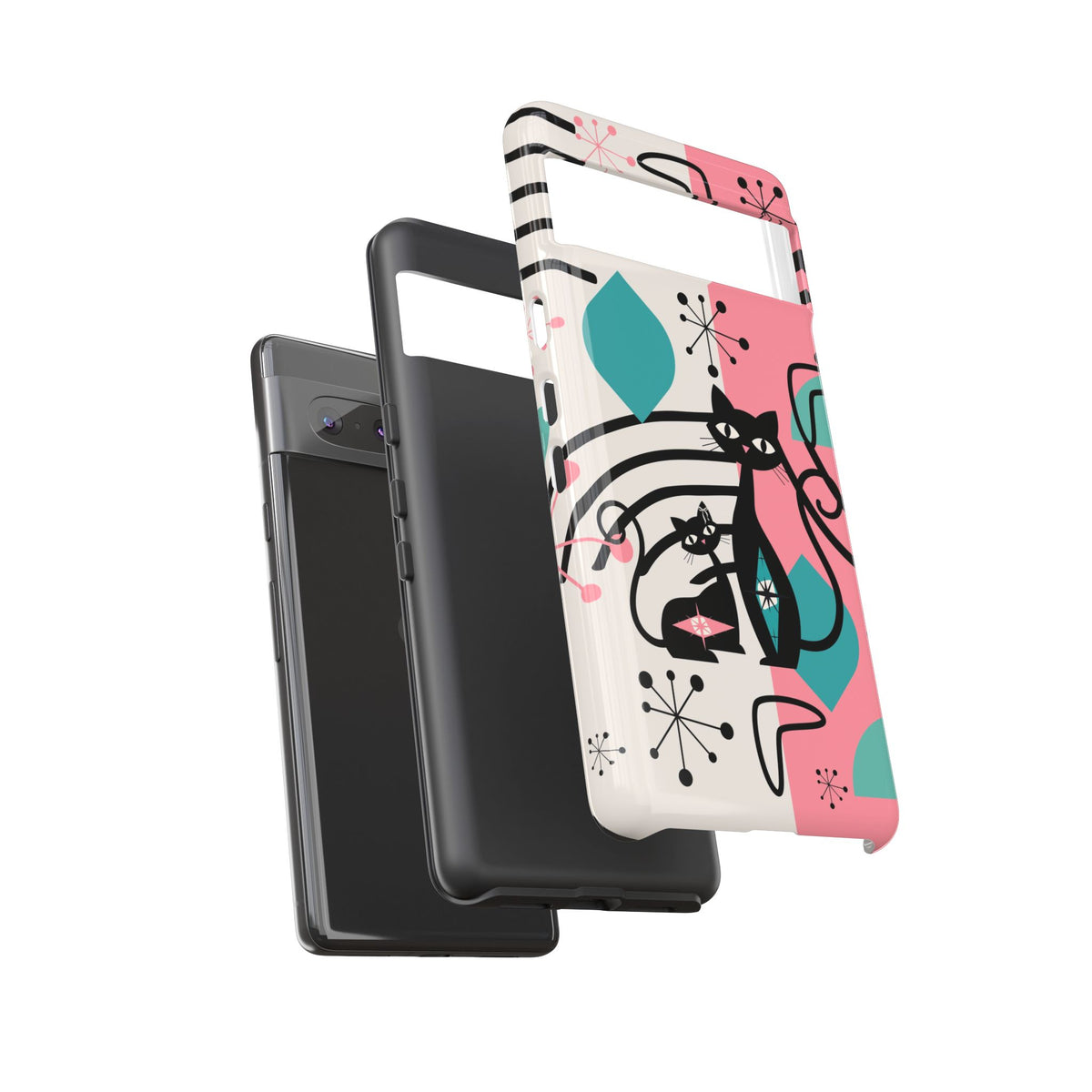 Mid Mod Atomic Cat Boomerang Starburst, Pink, Black Kitschy Stylish Cat Phone Case: Modern Design for Cat Lovers