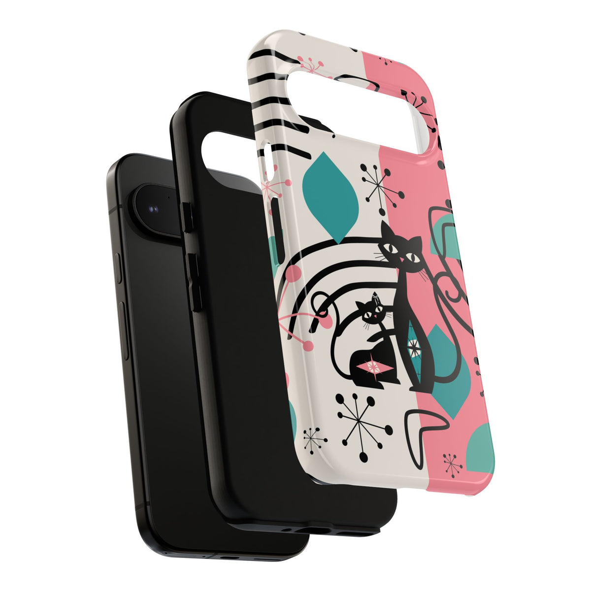 Mid Mod Atomic Cat Boomerang Starburst, Pink, Black Kitschy Stylish Cat Phone Case: Modern Design for Cat Lovers