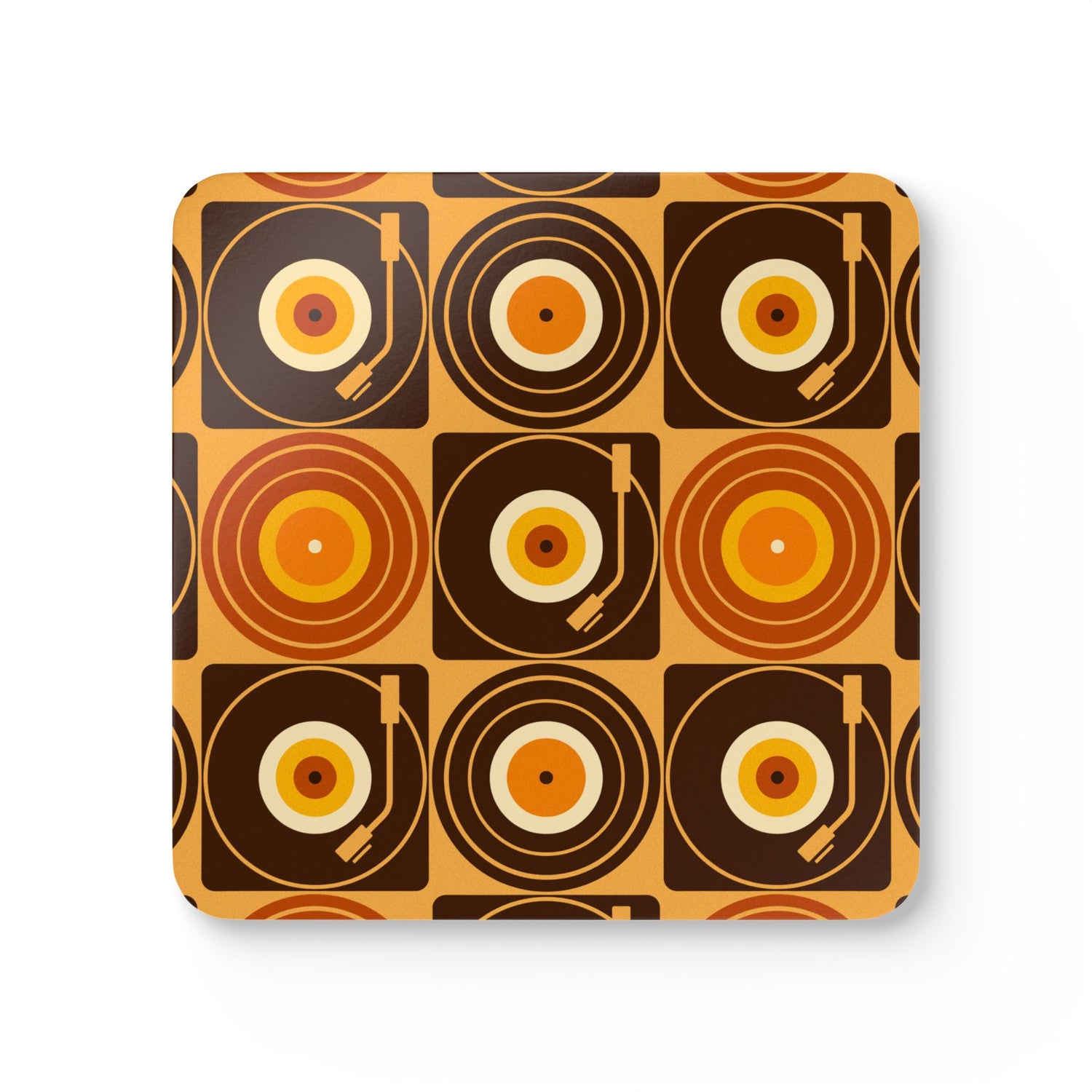 Groovy Retro Record Players, Brown Orange Yellow, Corkwood Coaster Set - Mid Century Modern Gal