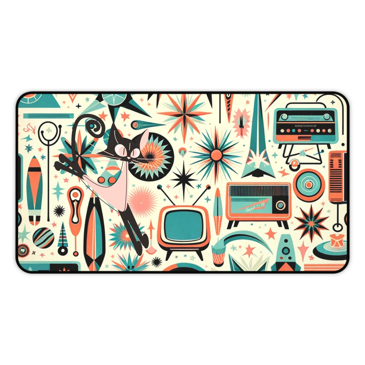 Atomic Space Cat Mid Century Modern  Aqua Coral, Kitschy Desk Mat - Mid Century Modern Gal