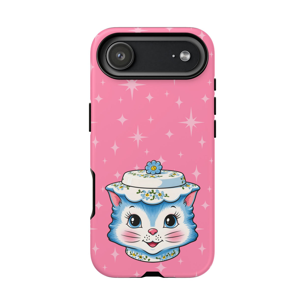 Mid Century Modern Kitschy Anthropomorphic Blue Cat with Floral Hat Tough Phone Case