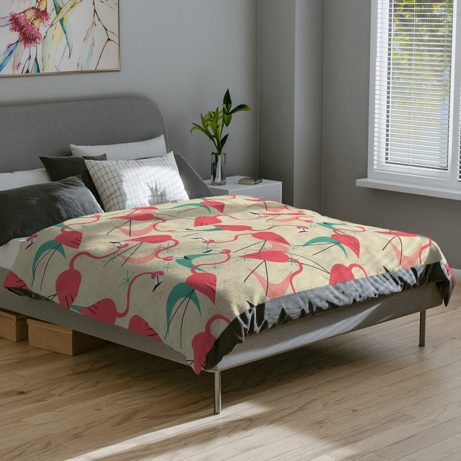 Palm Springs Mid Mod Tropical Flamingo Velveteen Blanket - Cozy Retro Kitsch Lightweight Throw - Mid Century Modern Gal