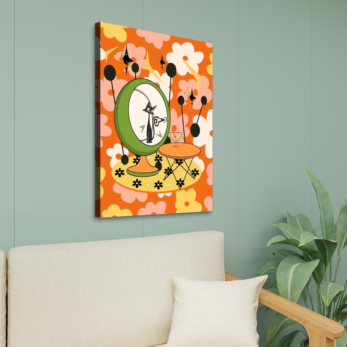 Retro Flower Power Wall Art, Atomic Cat In Egg Chair, Bold, Funky Fun Canvas Print Wall Art - Mid Century Modern Gal