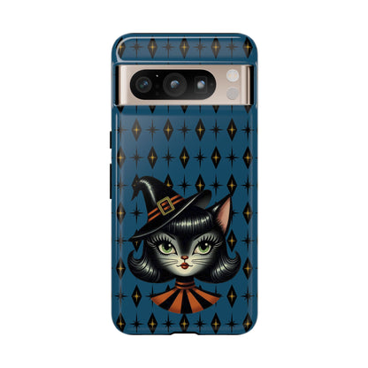 Vintage Halloween Black Cat Sexy Sexton Mid Century Modern Blue Tough Phone Case