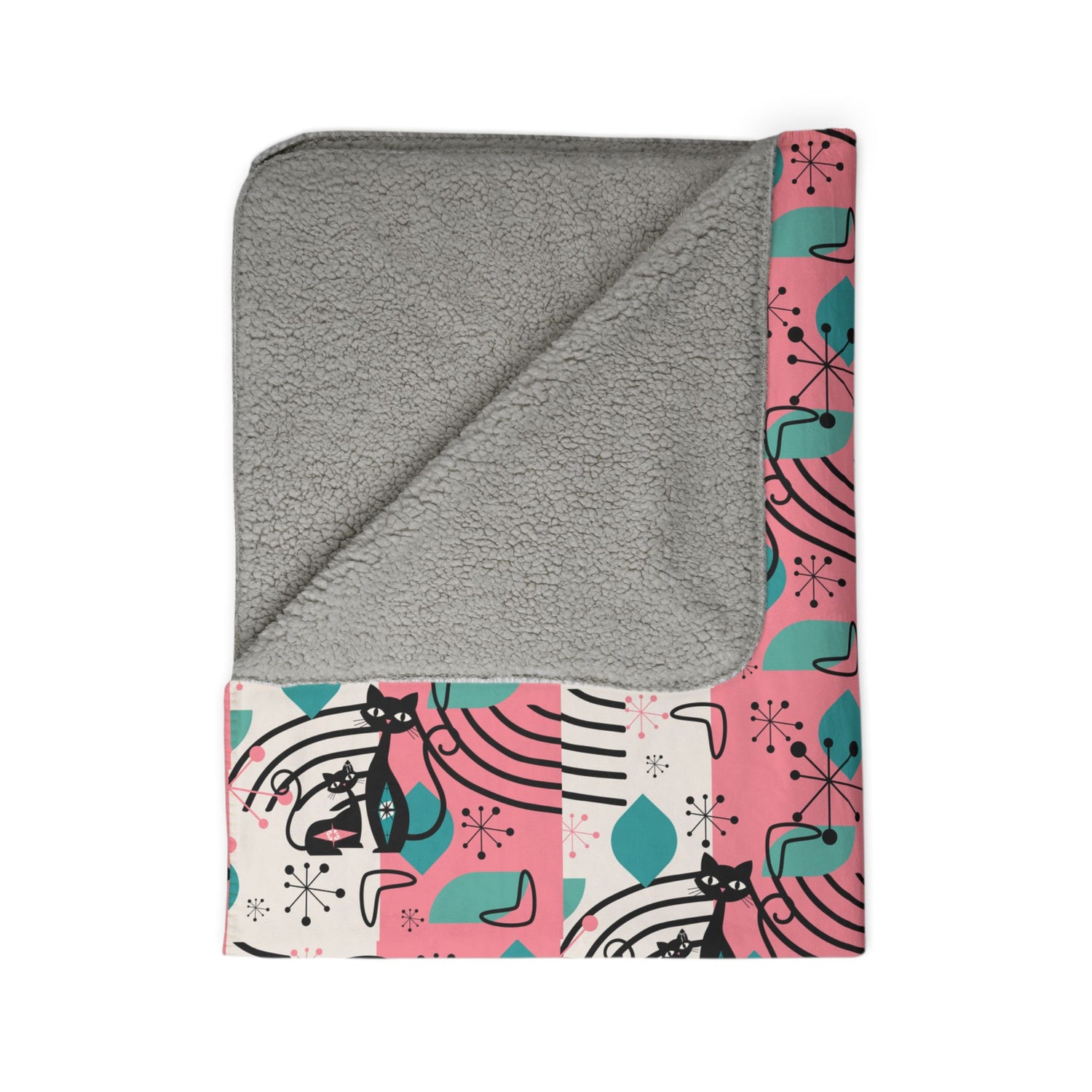 Mid-Century Modern Atomic Cat Pink Teal Retro Cat Fleece Sherpa Blanket - Cozy &amp; Stylish - Mid Century Modern Gal