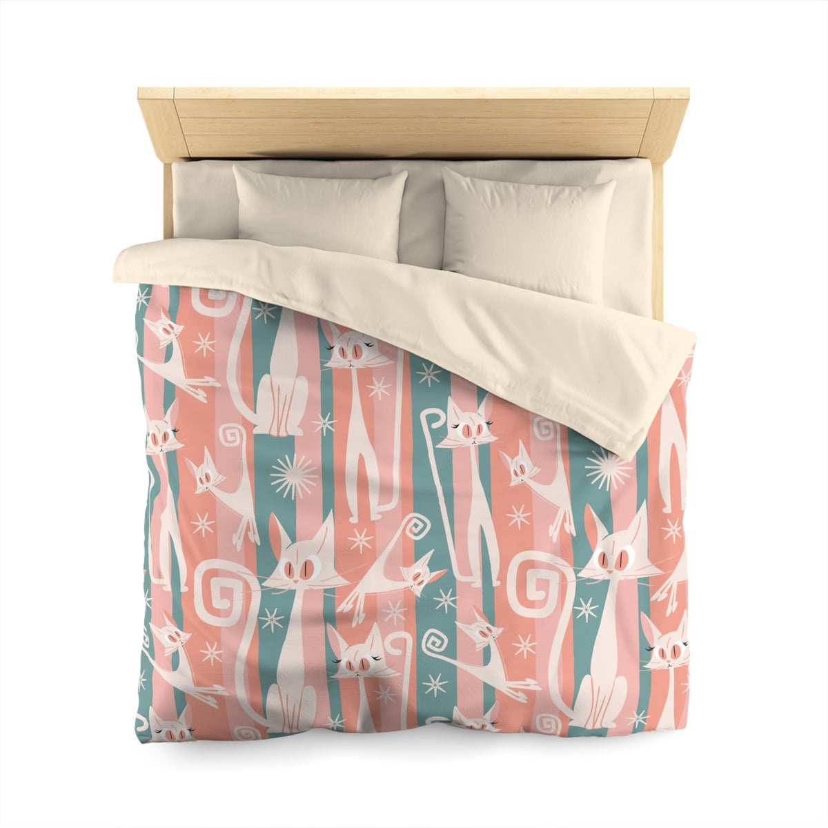 Atomic Cat Bedding, Pink, Aqua Kitschy White Kitties, Mid Century Modern Fun Quirky Duvet - Mid Century Modern Gal