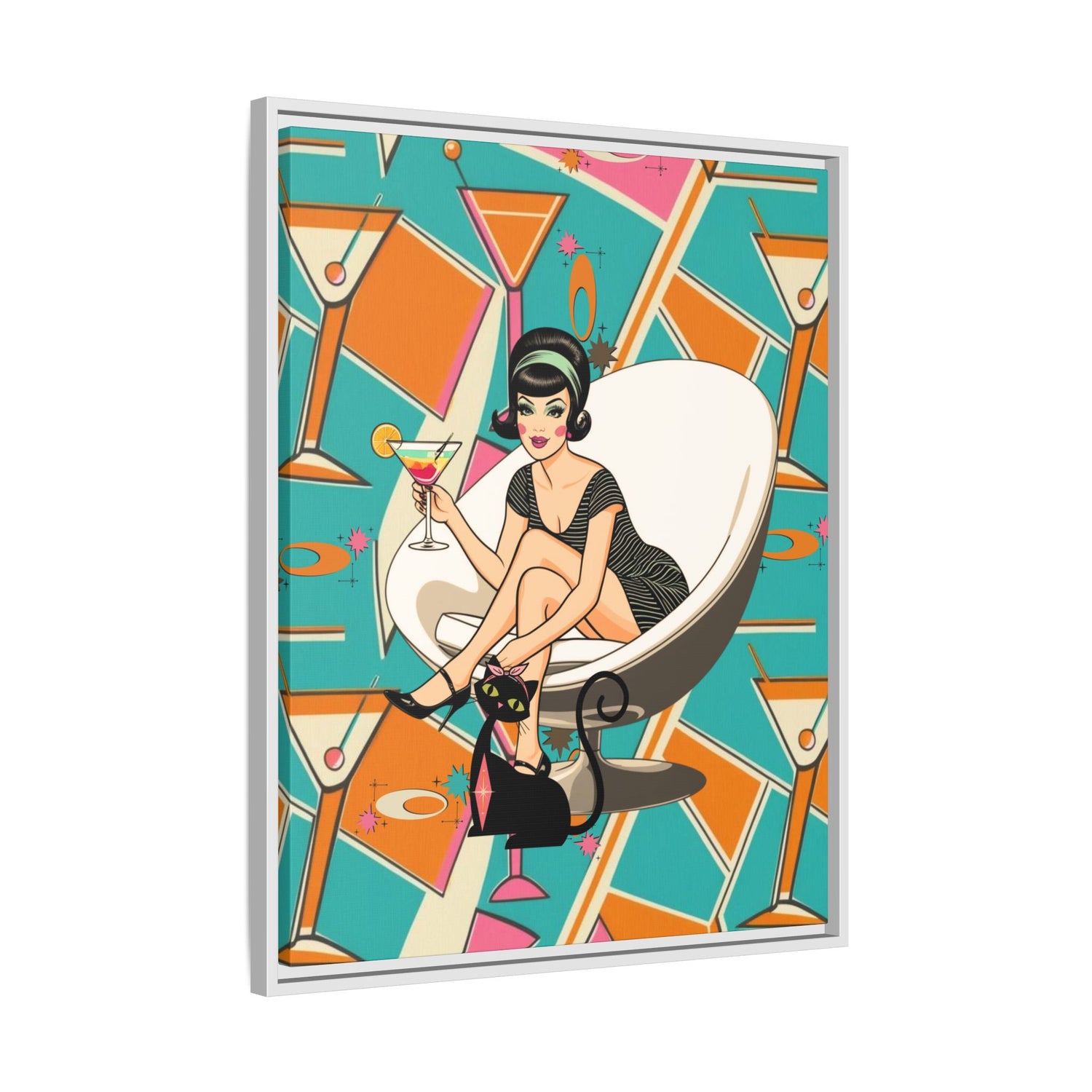 Mid Mod 60s Gal, Atomic Cat Barware Wall Art - Framed Matte Canvas with Vintage Cocktail And Retro Cat Design