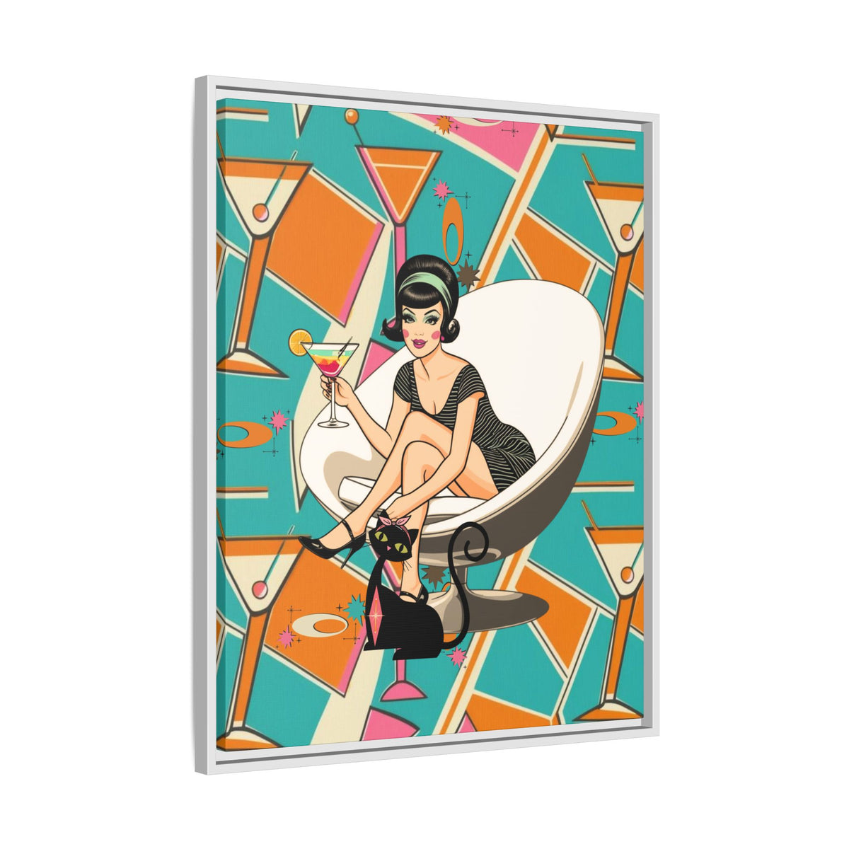 Mid Mod 60s Gal, Atomic Cat Barware Wall Art - Framed Matte Canvas with Vintage Cocktail And Retro Cat Design