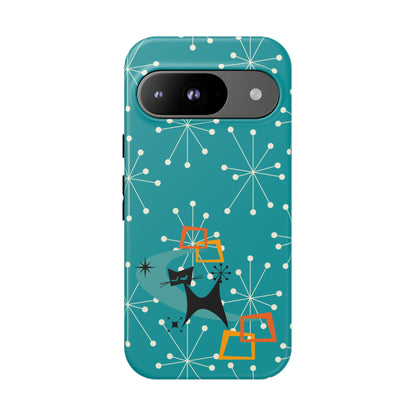 Atomic Space Cat, Starburst Blue, Retro Groovy Smart Phone Tough Phone Cases