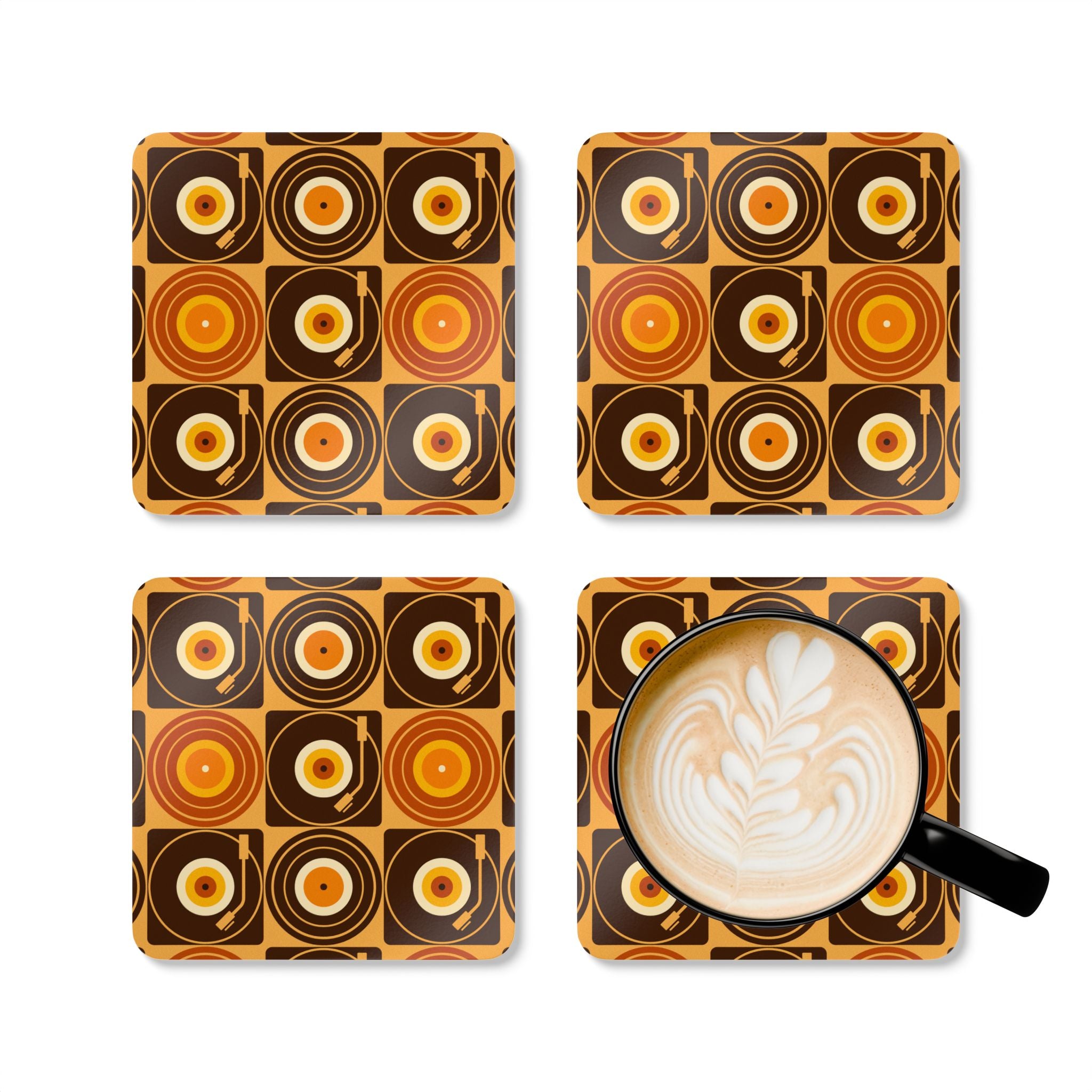 Groovy Retro Record Players, Brown Orange Yellow, Corkwood Coaster Set - Mid Century Modern Gal