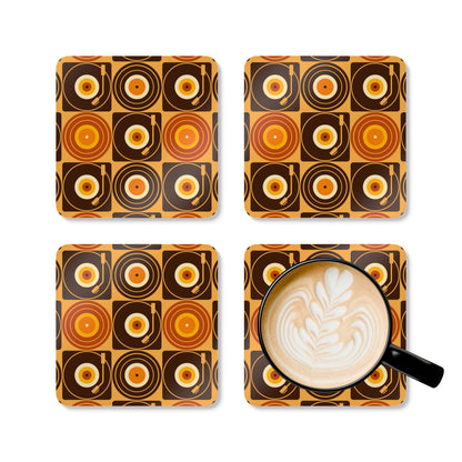 Groovy Retro Record Players, Brown Orange Yellow, Corkwood Coaster Set - Mid Century Modern Gal