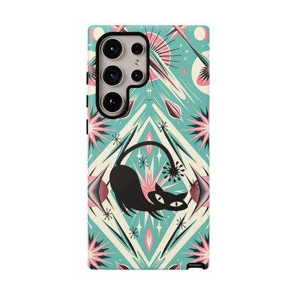 Atomic Cat, Mid Century Modern Aqua Blue, Pink, Starbursts Tough Phone Case