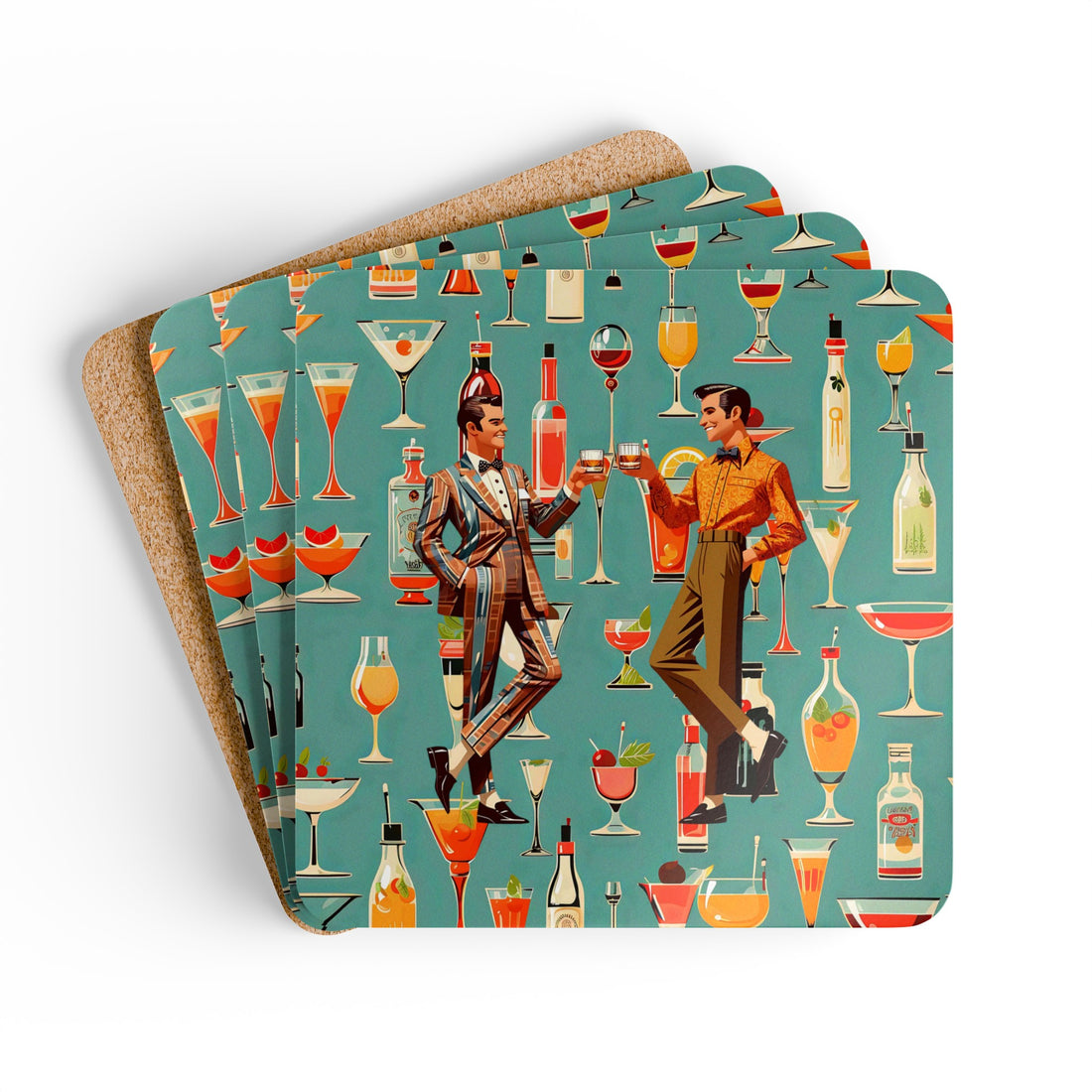 Atomic 50s Cocktail Coasters, Featuring Bourbon Drinking Dapper Males, MCM Style Corkwood Coaster Set