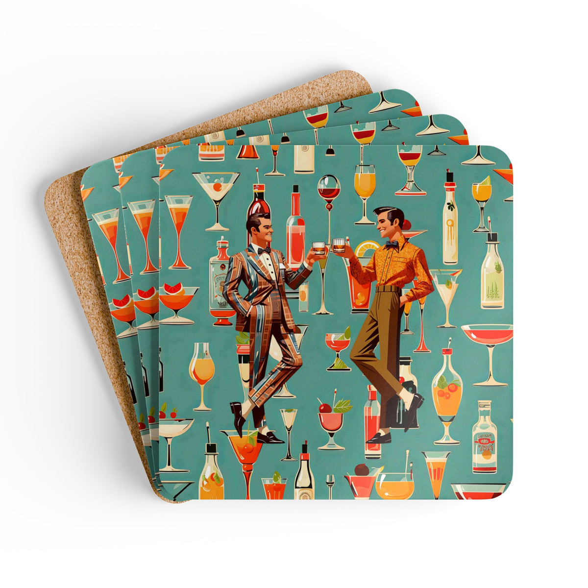 Atomic 50s Cocktail Coasters, Featuring Bourbon Drinking Dapper Males, MCM Style Corkwood Coaster Set - Mid Century Modern Gal