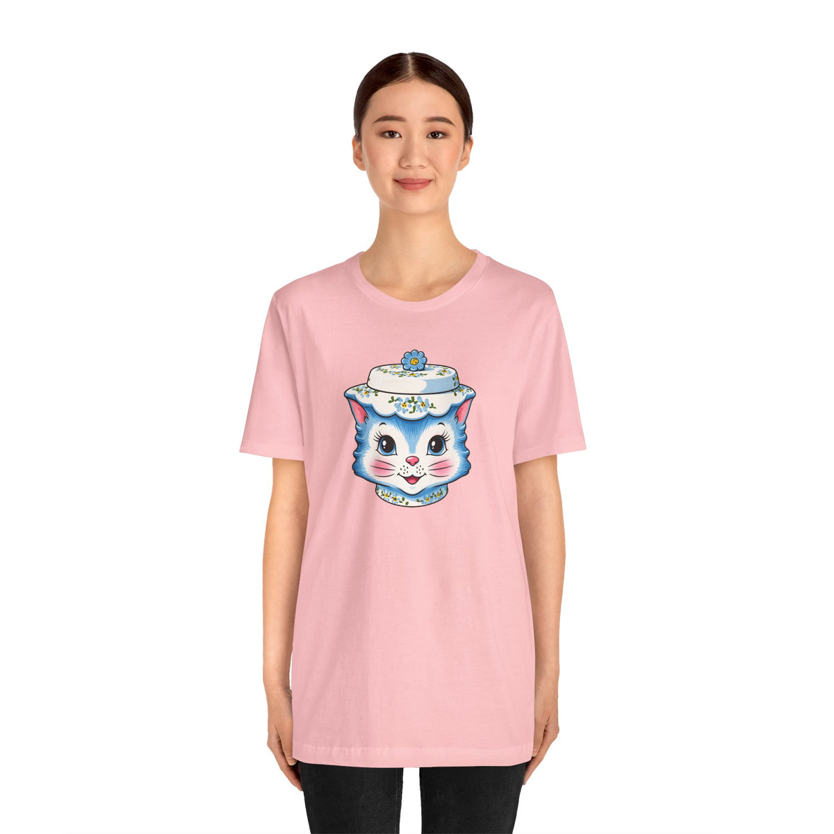 Mid Century Modern Kitschy Anthropomorphic Blue Cat with Floral Hat Unisex T-Shirt