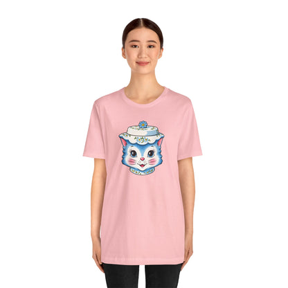 Mid Century Modern Kitschy Anthropomorphic Blue Cat with Floral Hat Unisex T-Shirt