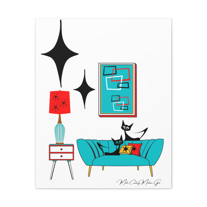 Mid Century Modern Wall Art, Atomic Cat Living Room Retro. Teal Blue, Red, Black Canvas Art