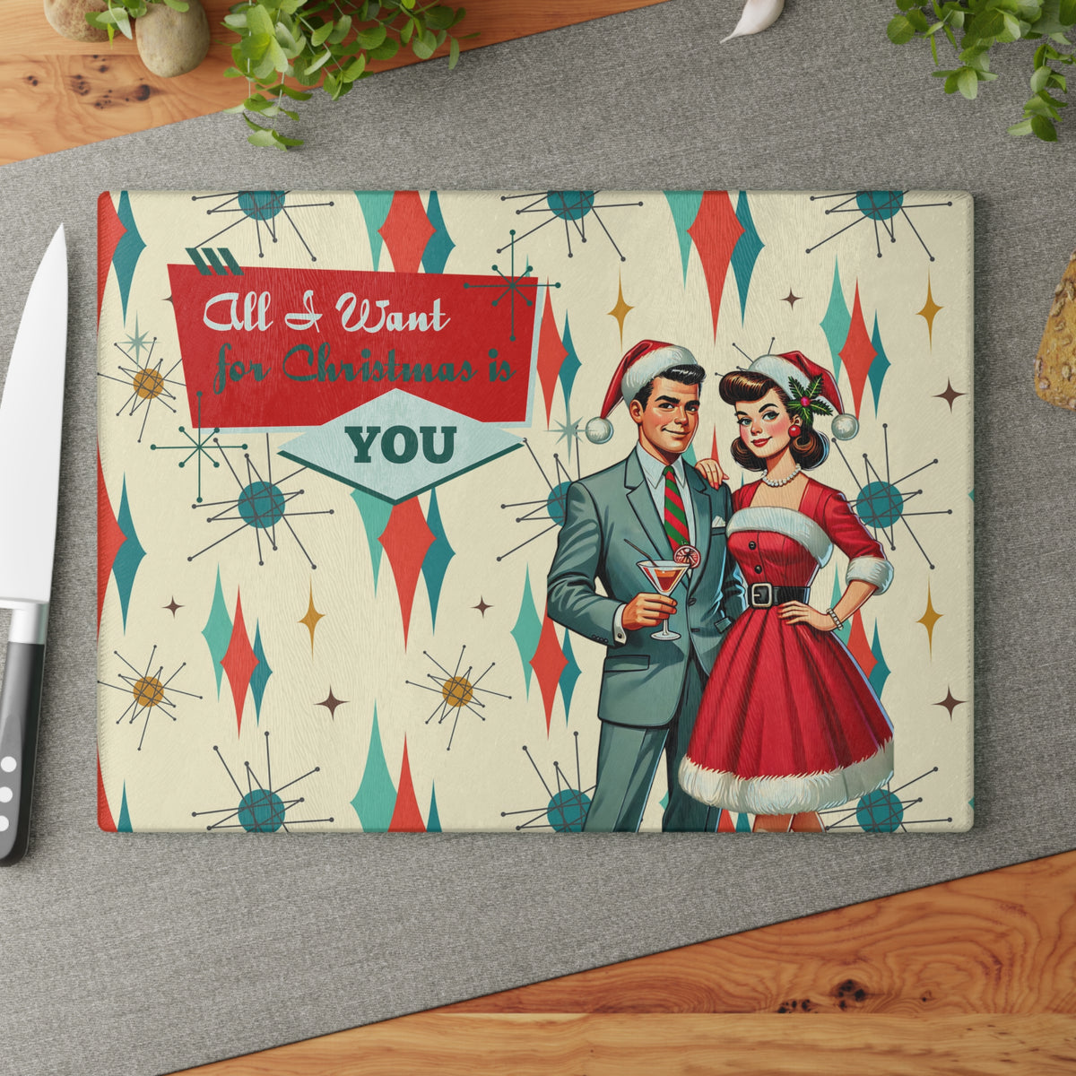 Mid Century Christmas Kitschy 50s Style Cheese Board, Holiday MCM Barware Glass Cutting Board - Mid Century Modern Gal