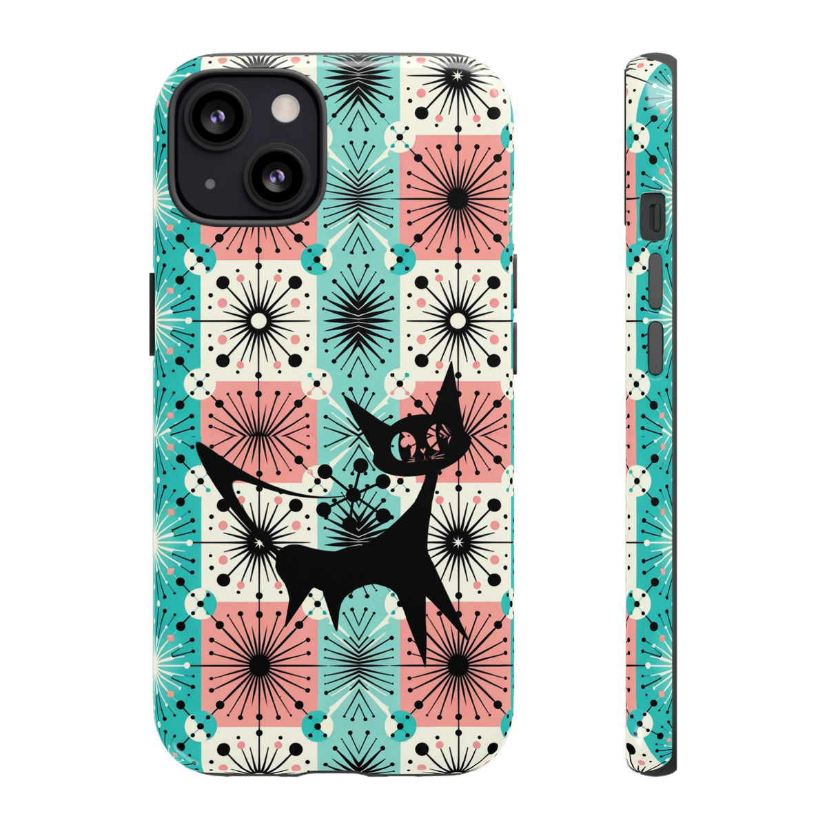Atomic Kitschy Cat, Mid Century Modern Pink, Aqua Starbursts Tough Phone Case