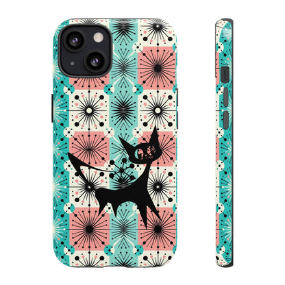 Atomic Kitschy Cat, Mid Century Modern Pink, Aqua Starbursts Tough Phone Case