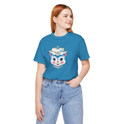 Mid Century Modern Kitschy Anthropomorphic Blue Cat with Floral Hat Unisex T-Shirt