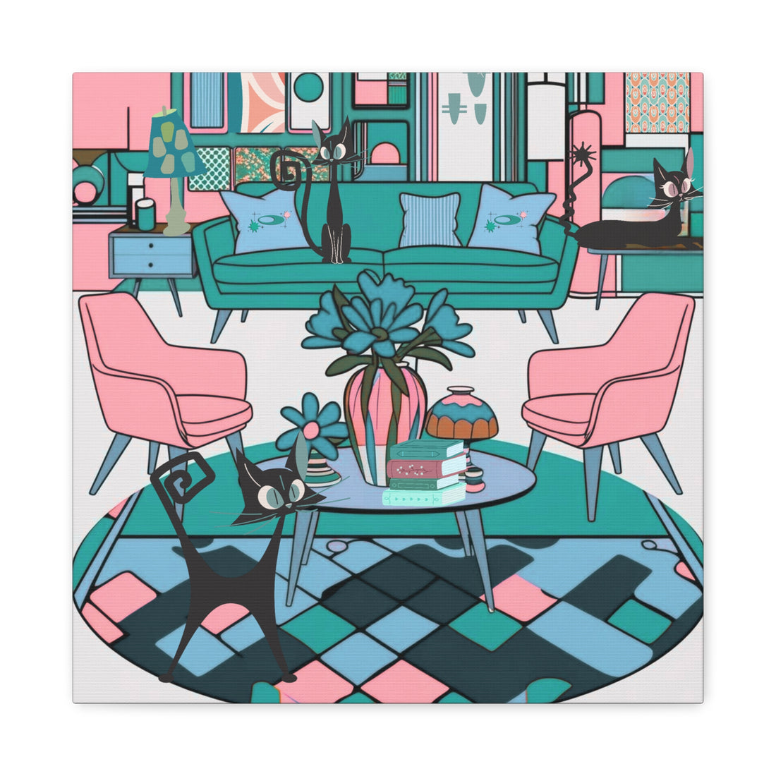 Atomic Cat Mid Century Modern Wall Art Colorful Cat-Themed Canvas Art - Mid Century Modern Gal