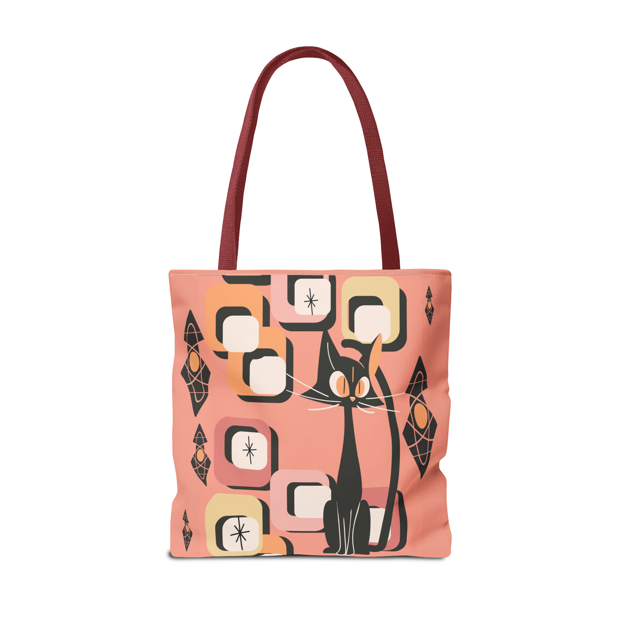 Atomic Cat Tote Bag, Coral Color, Mid Century Modern Geometric Designs, Mid Mod Retro Apparel - Mid Century Modern Gal