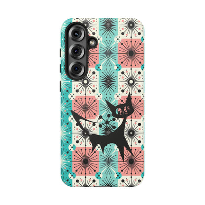 Atomic Kitschy Cat, Mid Century Modern Pink, Aqua Starbursts Tough Phone Case