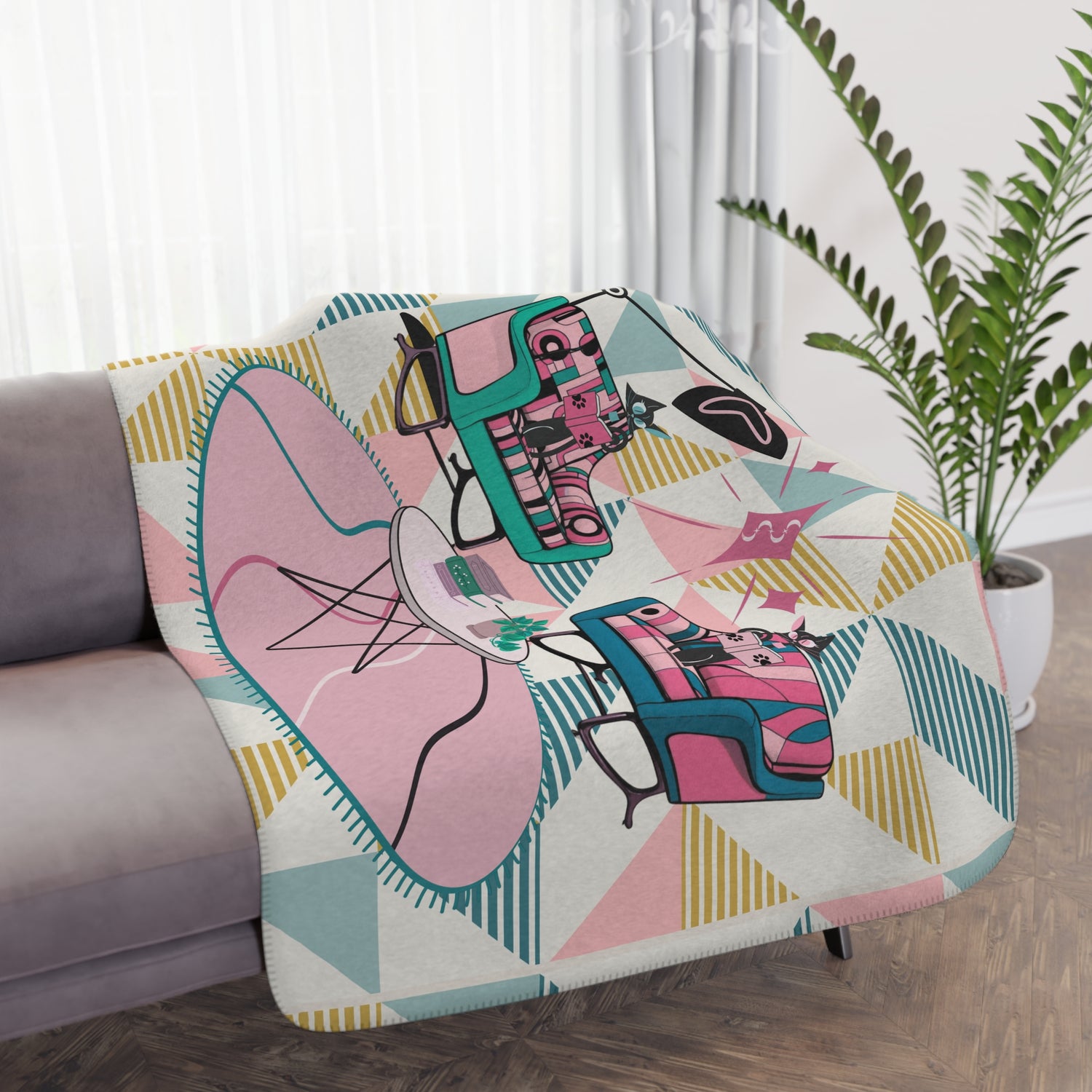 Atomic Reading Cats, Mid Century Modern Kitschy Mod Cozy Retro Blanket - Mid Century Modern Gal