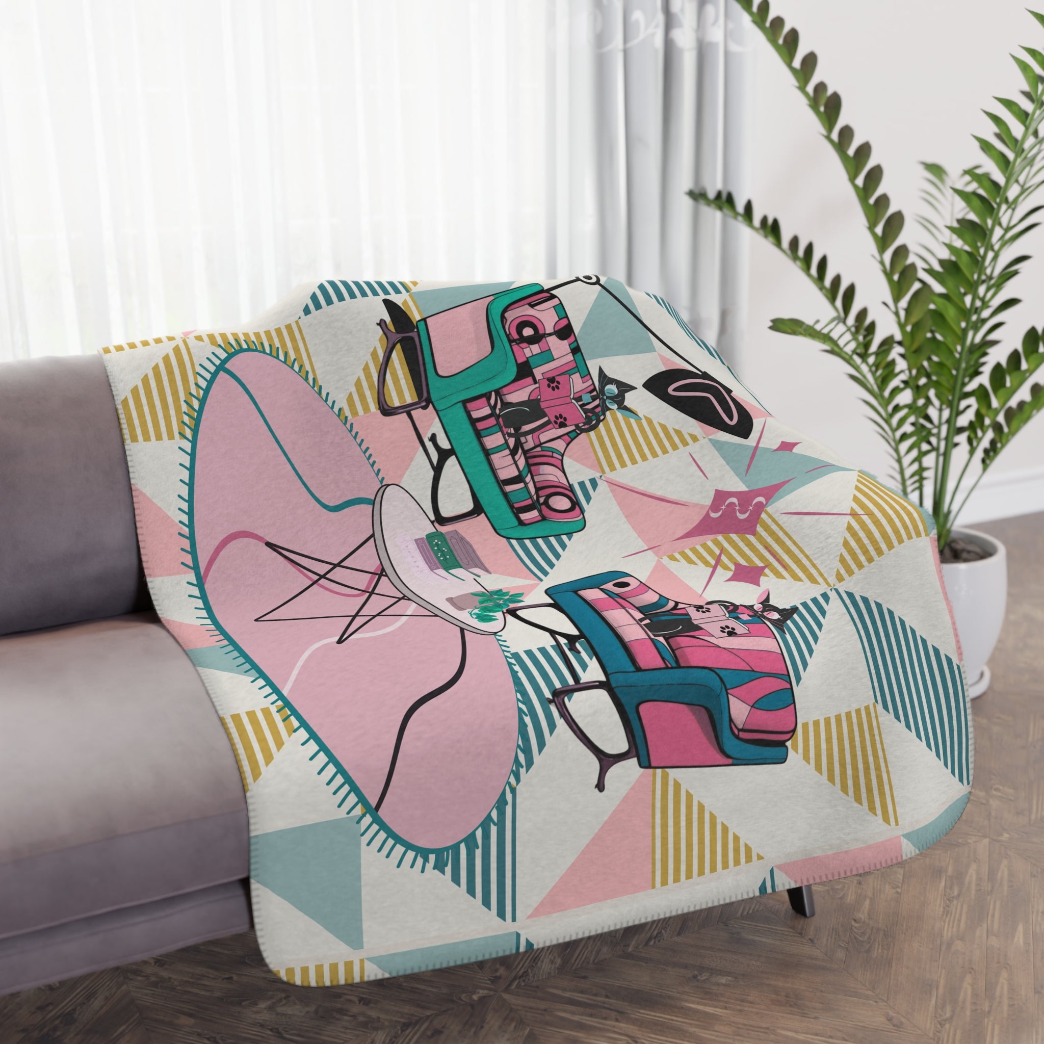 Atomic Reading Cats, Mid Century Modern Kitschy Mod Cozy Retro Blanket - Mid Century Modern Gal
