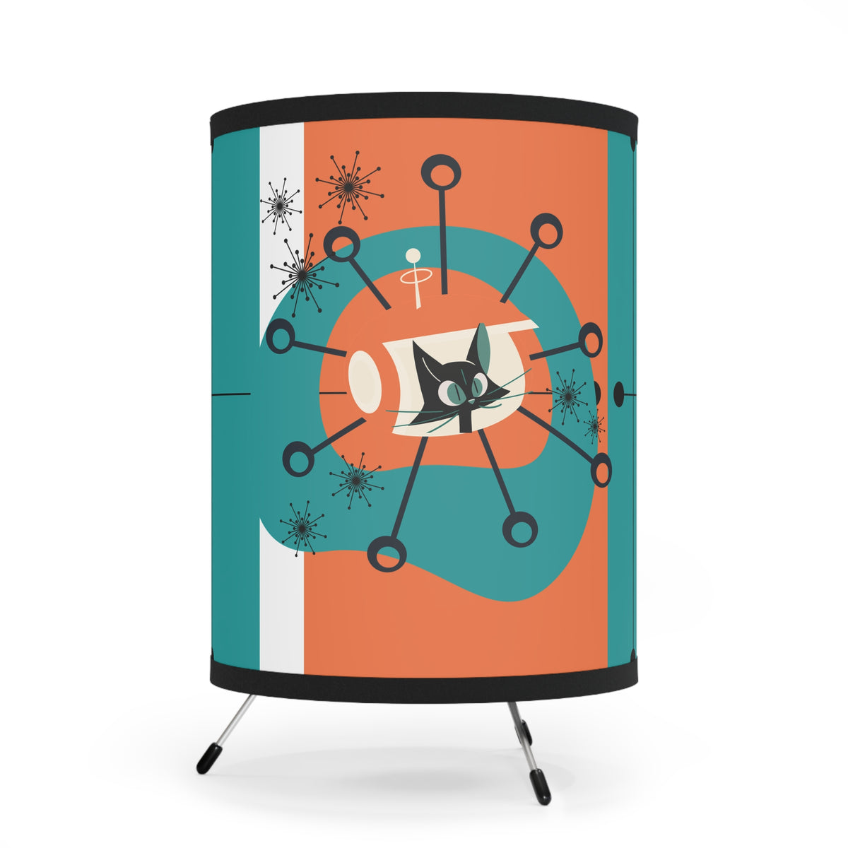 Mid Century Modern Atomic Cat Space Kittie Orange, Teal Tripod Lamp - Mid Century Modern Gal