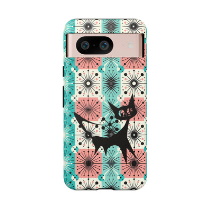 Atomic Kitschy Cat, Mid Century Modern Pink, Aqua Starbursts Tough Phone Case