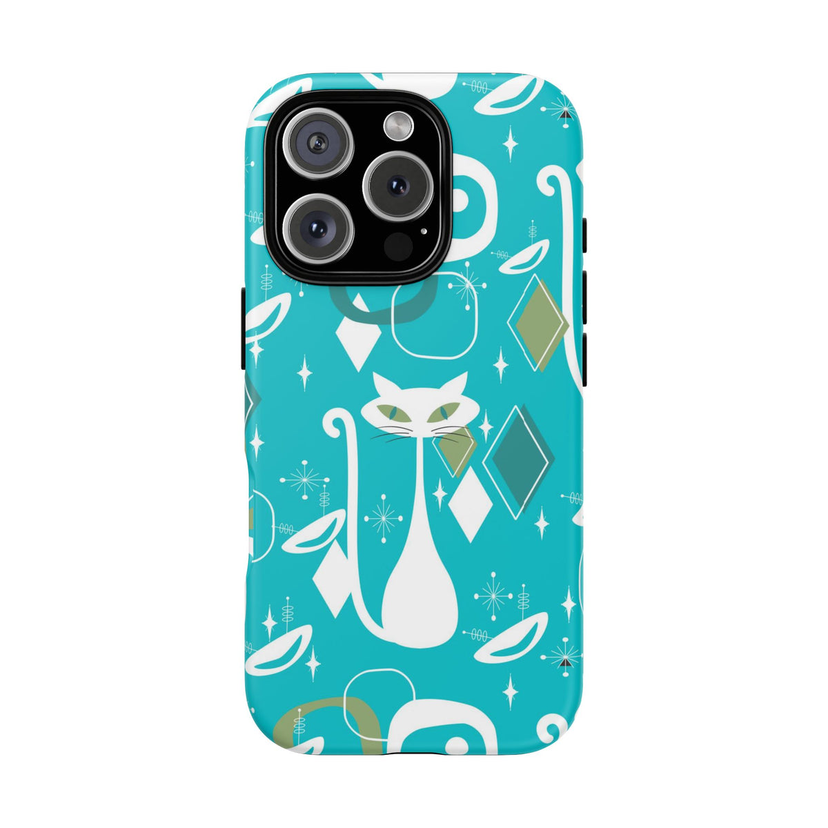 Atomic Cat Space Designs, Mid Century Modern, Aqua, White Kitschy Cat Tough Phone Case