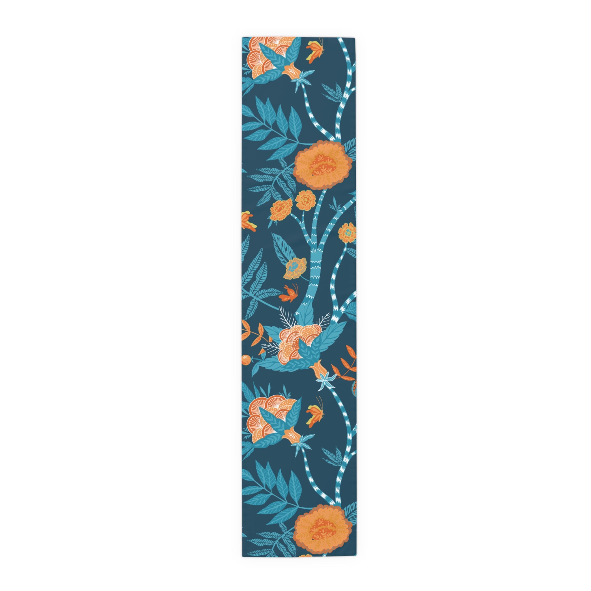 Beautiful Chinoiserie Tanquil Blue, Orange Floral Table Runner