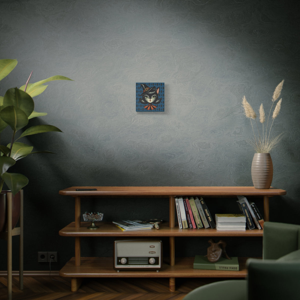 Vintage Halloween Black Cat Sexy Sexton Mid Century Modern Blue Matte Stretched Canvas Wall Art - Mid Century Modern Gal